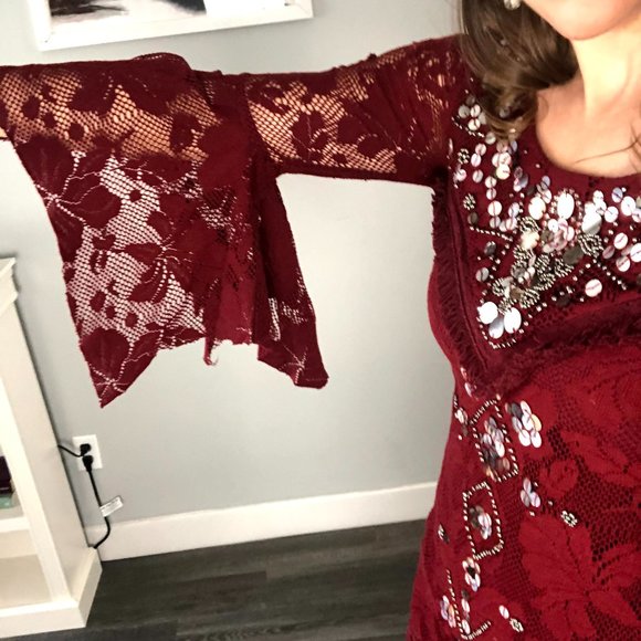 Free People Red Boho Sequin Ruffle Dress - Picture 8 of 16